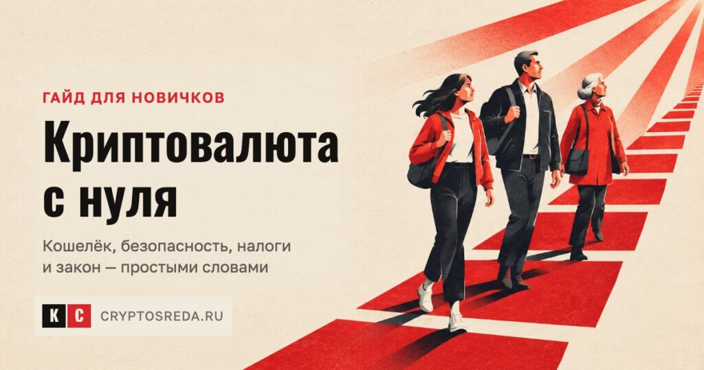 Трое людей разного возраста идут по красной дорожке из квадратных блоков — обложка гайда «Криптовалюта с нуля»
