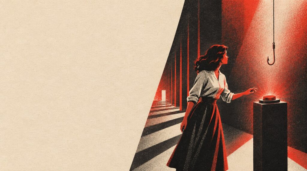 Девушка тянется к красной кнопке и замирает, рядом свисает рыболовный крючок